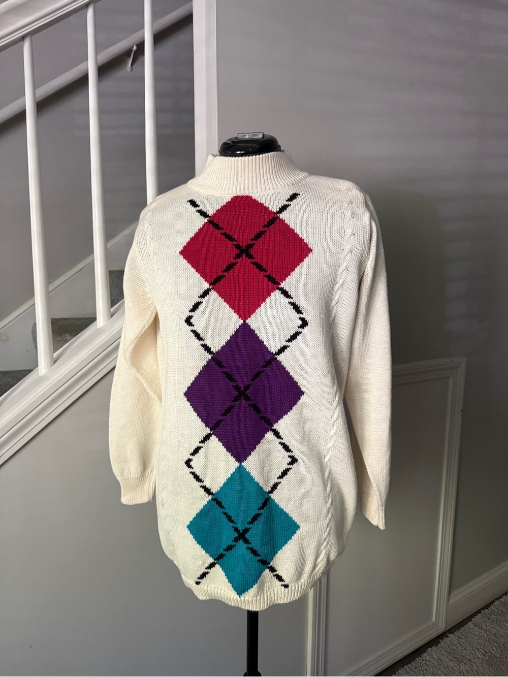 Vintage Petite Sophisticate Cream Sweater with Pink, Purple & Teal Argyle